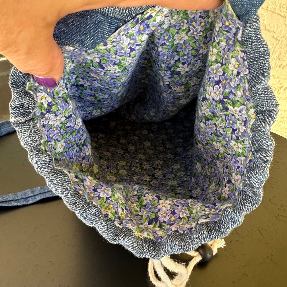 Cute Handmade Denim Drawstring Backpack - Picture 7 of 9